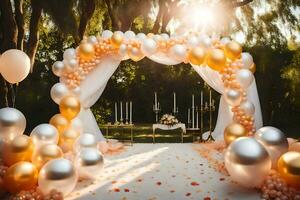 Casamento arco com ouro e prata balões. gerado por IA foto