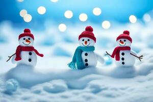 três bonecos de neve vestindo vermelho chapéus e lenços. gerado por IA foto