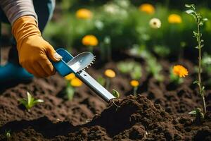uma pessoa é usando uma jardim ferramenta para escavação dentro a solo. gerado por IA foto