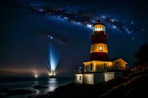 uma farol e uma estrelado céu acima isto. gerado por IA foto