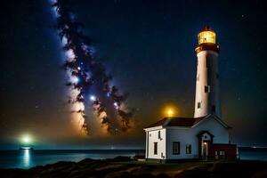 uma farol com uma Estrela trilha dentro a céu. gerado por IA foto