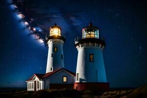 dois farol torres debaixo a noite céu com estrelas. gerado por IA foto