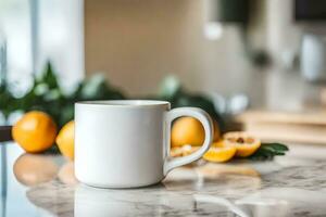 uma branco caneca em uma mármore contador. gerado por IA foto