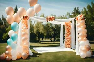 uma Casamento arco com balões e branco e azul decorações. gerado por IA foto