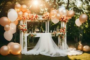 uma Casamento mesa com balões e flores gerado por IA foto