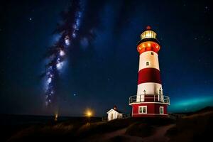 uma farol com uma estrelado céu acima isto. gerado por IA foto