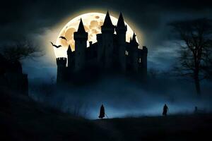 dia das Bruxas castelo com morcegos vôo sobre isto às noite. gerado por IA foto