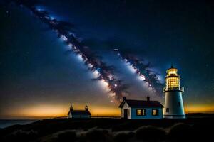 a leitoso caminho sobre uma farol. gerado por IA foto