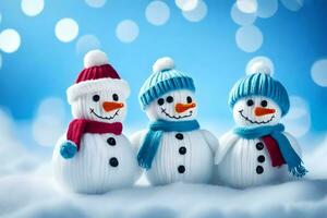 três bonecos de neve vestindo chapéus e lenços. gerado por IA foto