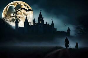 dia das Bruxas castelo com morcegos e lua. gerado por IA foto