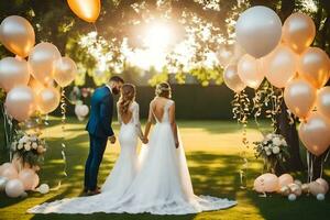 Casamento casal dentro a jardim com balões. gerado por IA foto