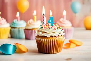 aniversário bolos de copo com velas em topo. gerado por IA foto
