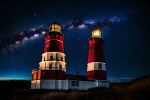 dois vermelho e branco farol torres debaixo uma estrelado céu. gerado por IA foto