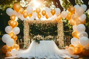 Casamento decoração com ouro balões e branco tule. gerado por IA foto