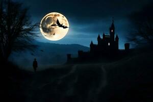 uma cheio lua sobre uma castelo dentro a escuro. gerado por IA foto