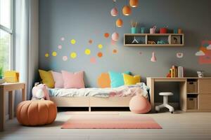 moderno criança quarto interior Projeto dentro casa com decoração crianças. colorida crianças quarto conceito de ai gerado foto