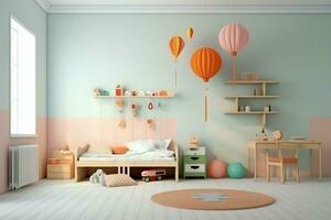 moderno criança quarto interior Projeto dentro casa com decoração crianças. colorida crianças quarto conceito de ai gerado foto
