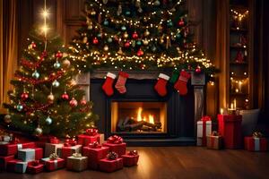Natal árvore e apresenta dentro frente do lareira. gerado por IA foto