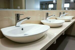 moderno público banheiro com linha do branco cerâmico lavar Pia bacias e torneira com espelho dentro Sanitário conceito de ai gerado foto