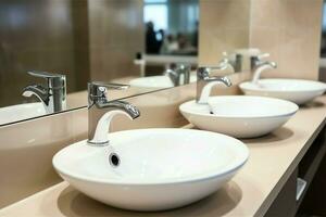 moderno público banheiro com linha do branco cerâmico lavar Pia bacias e torneira com espelho dentro Sanitário conceito de ai gerado foto