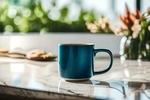 uma azul caneca sentado em uma mármore contador. gerado por IA foto