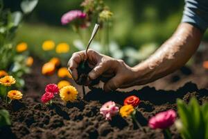 uma homem é plantio flores dentro a jardim. gerado por IA foto