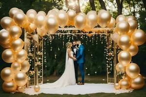 Casamento cerimônia com ouro balões. gerado por IA foto