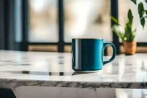 uma azul caneca em uma mármore mesa. gerado por IA foto