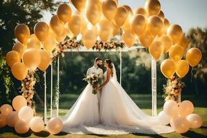 Casamento casal debaixo uma dourado arco com balões. gerado por IA foto