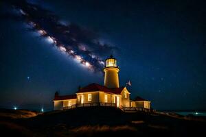 a leitoso brilha brilhantemente sobre uma farol. gerado por IA foto