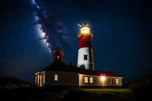 uma farol às noite com a leitoso dentro a céu. gerado por IA foto