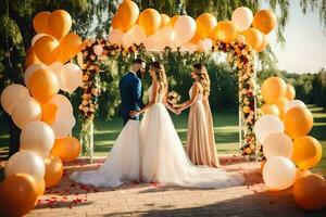 Casamento casal debaixo a arco do laranja e branco balões. gerado por IA foto