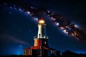 uma farol é aceso acima de a estrelas e a leitoso caminho. gerado por IA foto