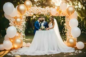 Casamento casal dentro frente do uma ouro e branco balão arco. gerado por IA foto