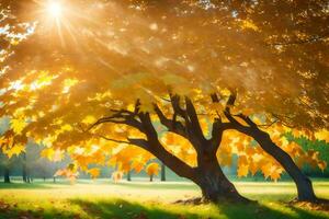 a Sol brilha através a folhas do uma árvore dentro a outono parque. gerado por IA foto