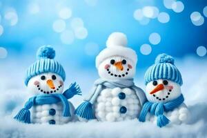 três bonecos de neve dentro azul chapéus e lenços. gerado por IA foto