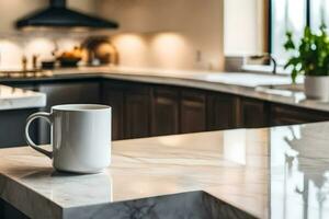 uma café caneca senta em uma cozinha contador. gerado por IA foto