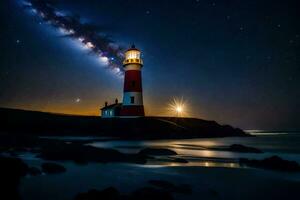 uma farol com estrelas dentro a céu e a leitoso caminho. gerado por IA foto