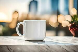 uma branco café caneca em uma mármore mesa dentro frente do uma paisagem urbana. gerado por IA foto