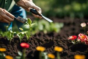 uma pessoa é usando uma par do tesouras para cortar flores gerado por IA foto