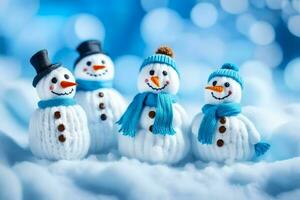 bonecos de neve dentro azul e branco chapéus e lenços. gerado por IA foto