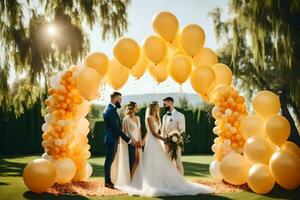 Casamento casal debaixo uma amarelo arco. gerado por IA foto