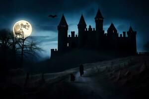 uma castelo dentro a Sombrio com uma cheio lua. gerado por IA foto