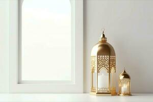 eid Mubarak e Ramadã kareem saudações com islâmico lanterna e mesquita. eid al fitr fundo. eid al fitr fundo do janela conceito de ai gerado foto