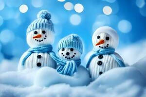 três bonecos de neve vestindo chapéus e lenços. gerado por IA foto