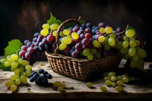 uvas dentro uma cesta em uma mesa. gerado por IA foto