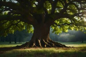 a Sol brilha através a tronco do uma ampla árvore. gerado por IA foto