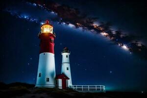 dois farol torres estão aceso acima de a leitoso caminho. gerado por IA foto