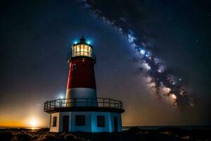 a leitoso caminho sobre a farol às noite. gerado por IA foto