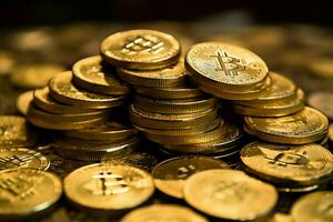 dourado bitcoin digital criptomoeda futurista dinheiro. tecnologia o negócio Internet negociação conceito de ai gerado foto